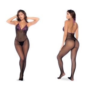 Mapale 1122 Fishnet and Lace Bodystocking Set Color Black-Purple